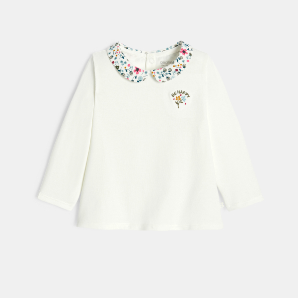 تيشيرت أبيض بياقة منمقة بالزهور للفتيات الصغيرات